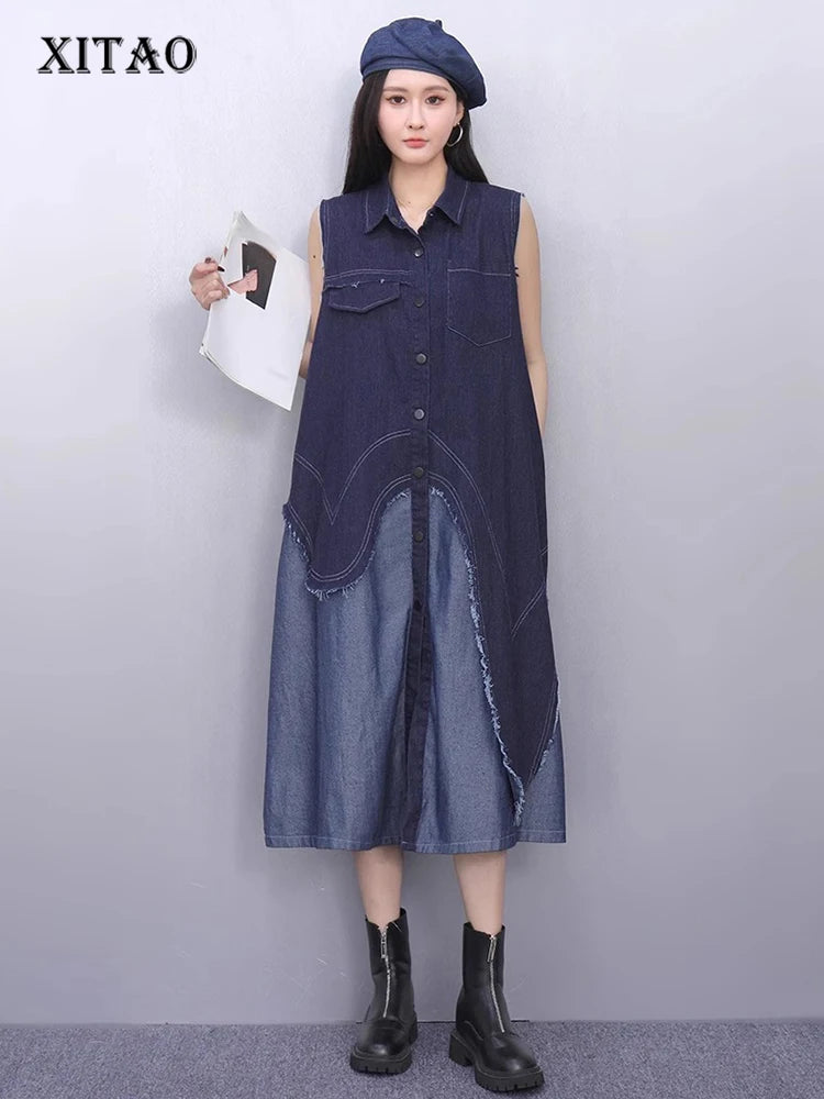 XITAO Casual Patchwork Dress Loose Irregular Turn-down Collar Single Breasted Women Summer Trend A-line Shirt Dress ZMY1158