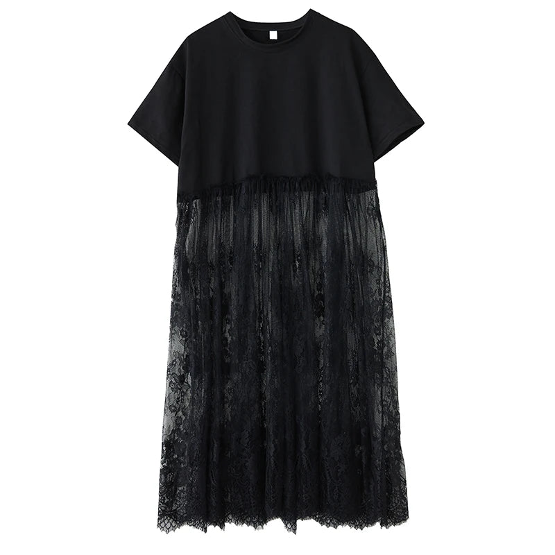 XITAO Patchwork Lace Short Sleeve Dress O-neck Casual Loose Fitting A-line Solid Color Pullover Summer Women Dress ZMY1214