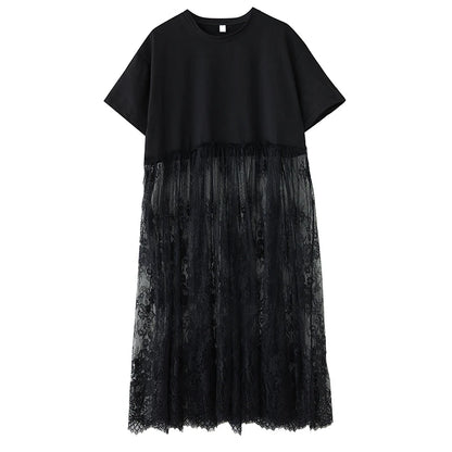 XITAO Patchwork Lace Short Sleeve Dress O-neck Casual Loose Fitting A-line Solid Color Pullover Summer Women Dress ZMY1214