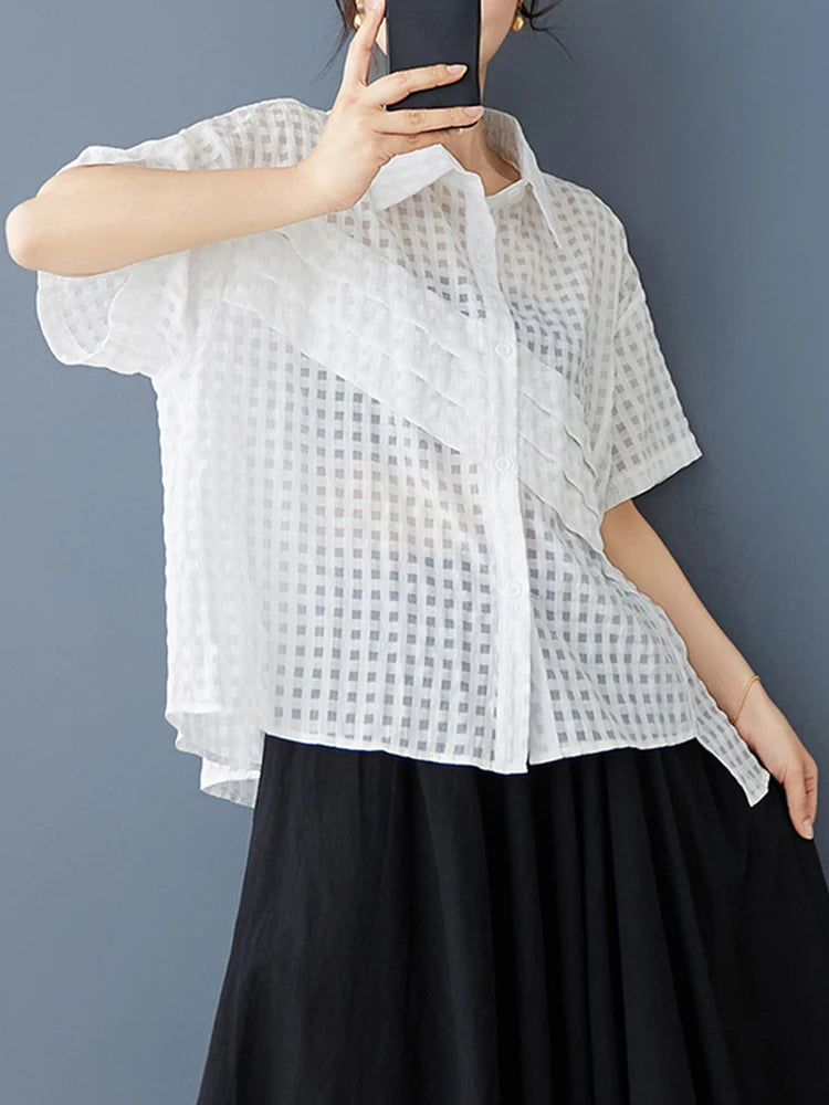 XITAO Asymmetric Patchwork Shirt Casual Short Sleeve Turn-down Collar Solid Color Loose Fitting Summer Female Blouse ZMY1052