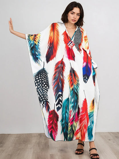XITAO Contrast Color Printing Cartoon Women Dress Beach Thin Comfortable Bat Sleeve V-neck Pullover Fashion Casual Dress GJ1207