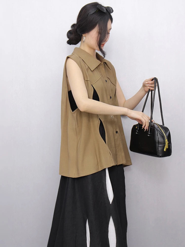 XITAO Hollow Out Lapel Single Breasted Vest Casual Solid Color Loose Fashion Sleeveless New Arrival Simple Female Vest GYX1620