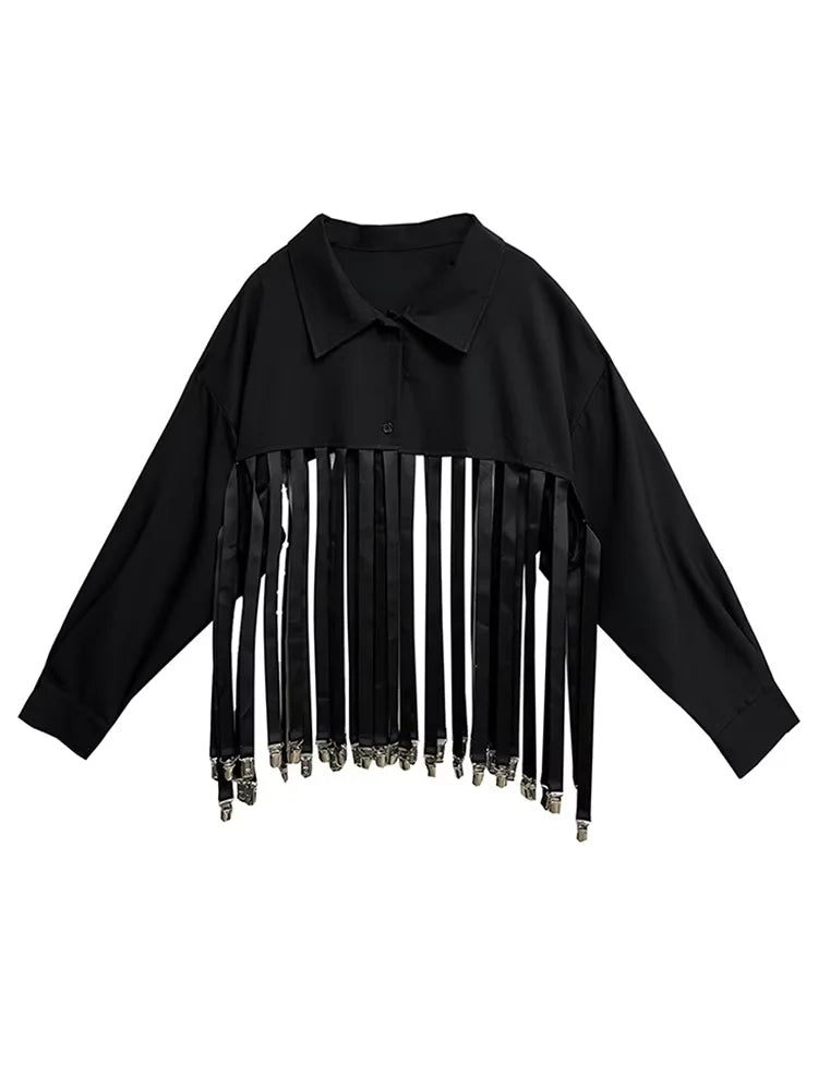 XITAO Patchwork Tassels Lapel Single Breasted Shirt Casual Loose Fitting Full Sleeve New Summer Personality Shirt GYX1619