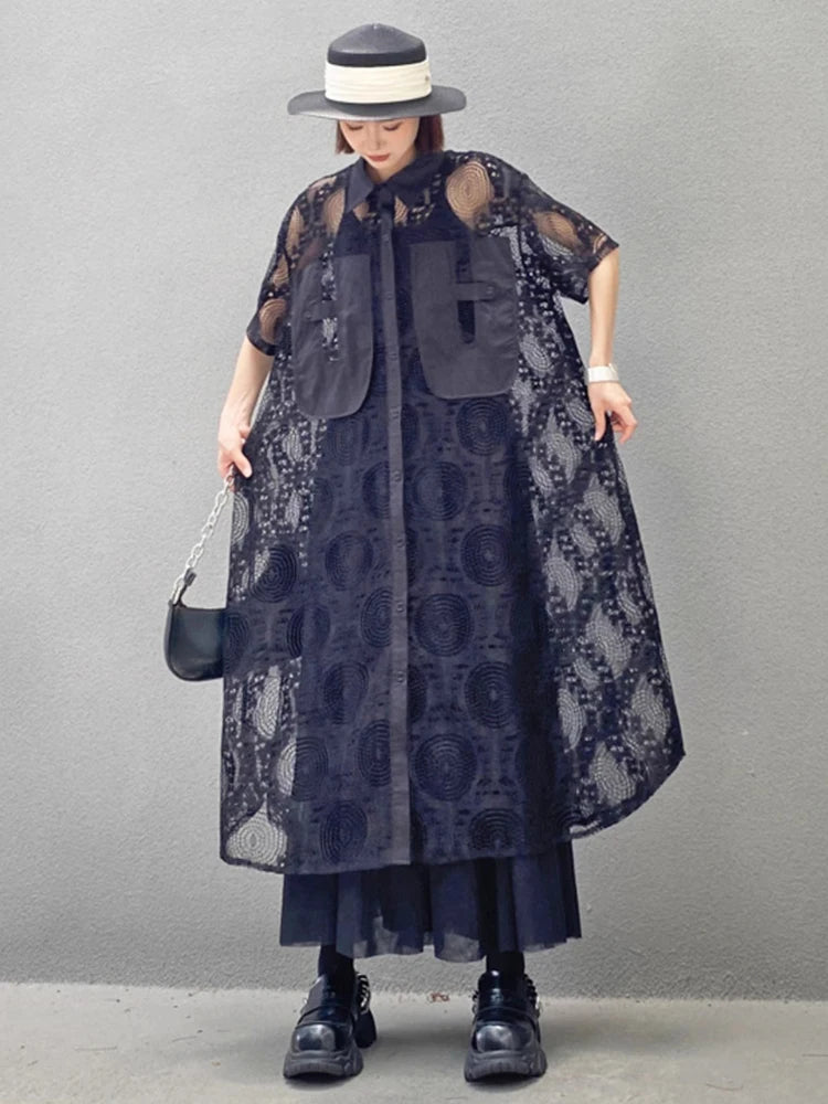 XITAO Lace Patchwork Single Breasted Dress Solid Color Turn-down Collar Short Sleeve Loose A-line Slim All Match Dress ZMY1190