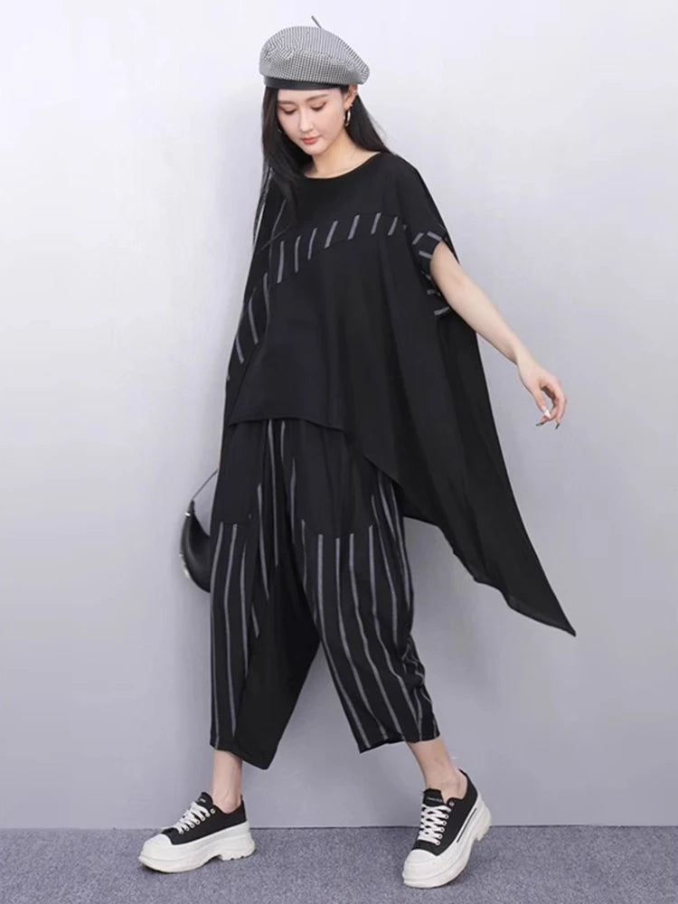XITAO Asymmetrical Stripe Patchwork O-neck Sets Casual Loose Fitting Short Sleeve Pullover Simple Summer Female Set ZMY1326