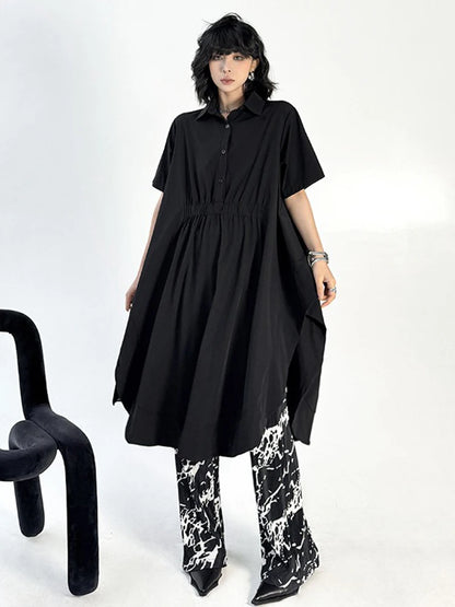 XITAO Asymmetrical Solid Color Patchwork Side Slit Dress Turn-down Collar Loose Casual Simple Slim Summer Woman Dress ZMY1302