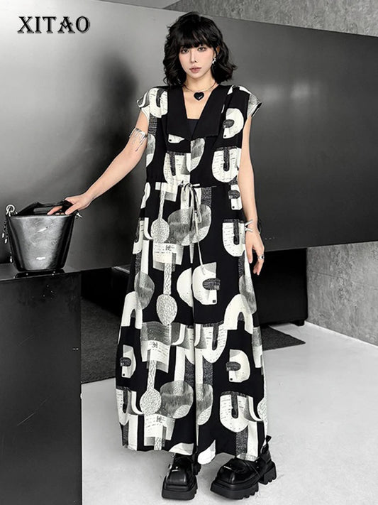 XITAO Contrast Color Print Wide Leg Jumpsuits Slimming Turn-down Collar Drawstring Temperament Summer Woman Jumpsuits ZMY1303