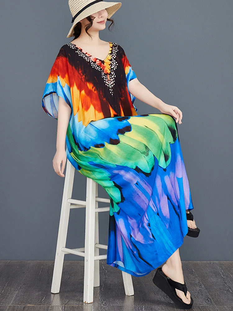 XITAO Print V-neck Batwing Sleeve Contrast Color Dress Pullover Loose Temperament Casual Slimming Personality Dress GYX1515