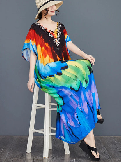XITAO Print V-neck Batwing Sleeve Contrast Color Dress Pullover Loose Temperament Casual Slimming Personality Dress GYX1515