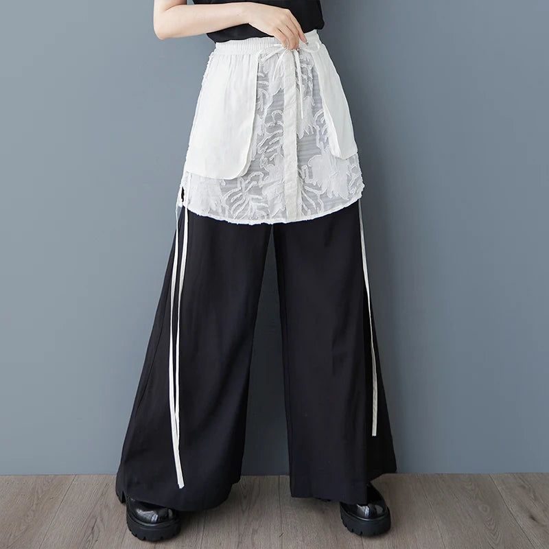 XITAO Patchwork Mesh Contrast Color Pant Casual Loose Wide Leg Fitting New Pocket Fashion Lace Spring Female Pant GYX1586