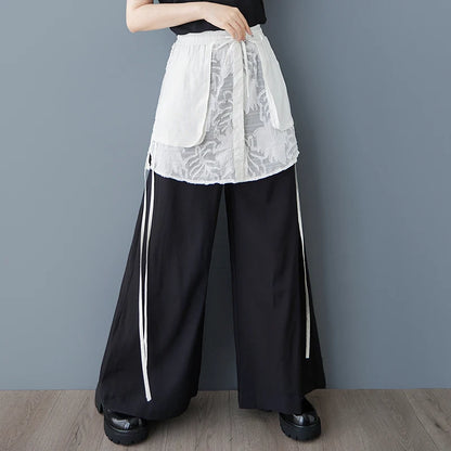 XITAO Patchwork Mesh Contrast Color Pant Casual Loose Wide Leg Fitting New Pocket Fashion Lace Spring Female Pant GYX1586