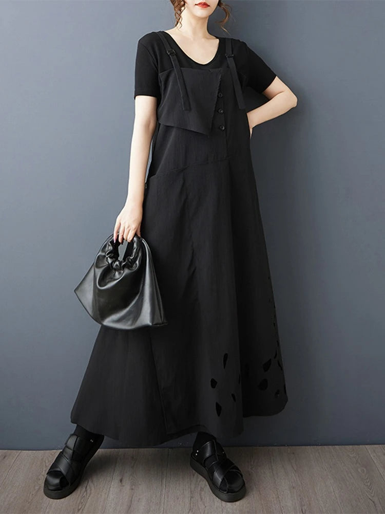 XITAO Hollow Out Solid Color Dress Loose Vintage Casual Sleeveless Asymmetrical Simple Patchwork Summer Woman Dress ZMY1401