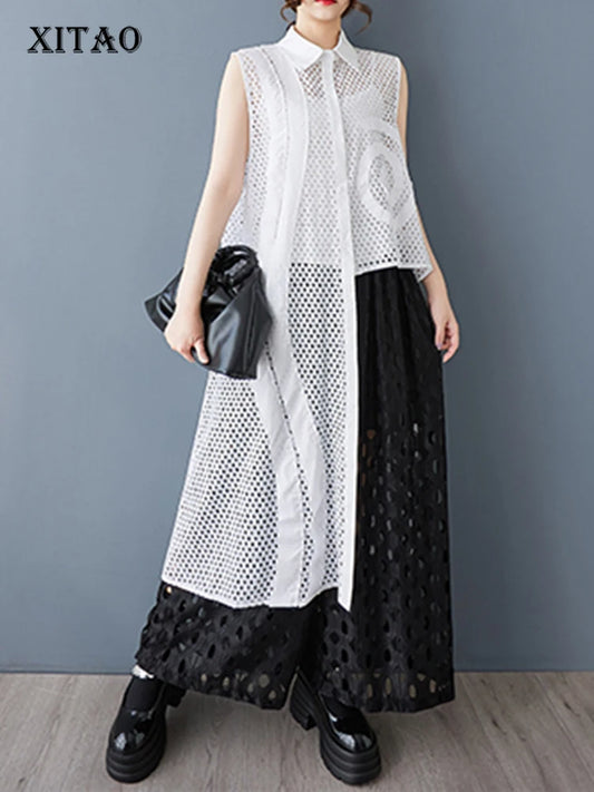 XITAO Mesh Patchwork Asymmetrical Perspective Dress Solid Color Turn-down Collar Single Breasted Sleeveless Casual Dress GYX1561