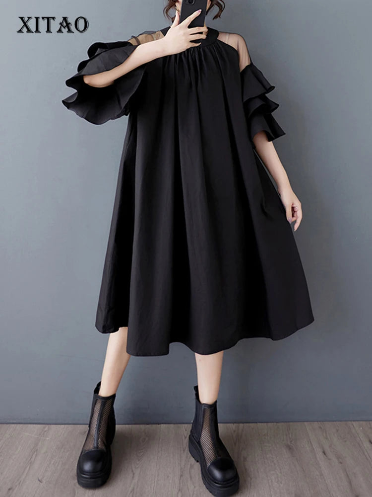 XITAO Mesh Patchwork O-neck Female Loose Dress Slimming A-line Simple Solid Color Women Temperament Elegant Dress ZMY1047