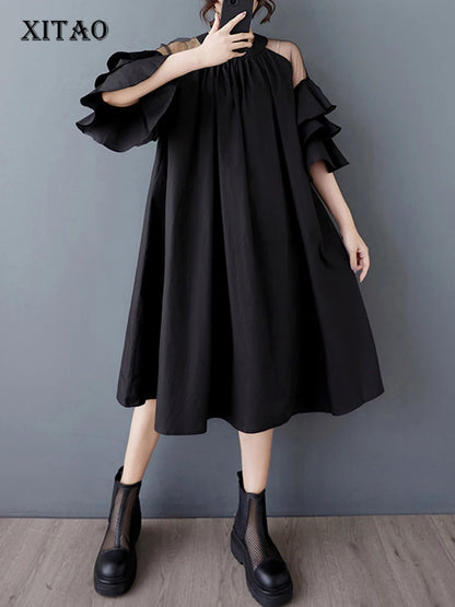 XITAO Mesh Patchwork O-neck Female Loose Dress Slimming A-line Simple Solid Color Women Temperament Elegant Dress ZMY1047