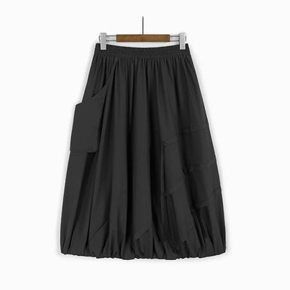 XITAO Casual Big Pocket Folds Skirt Solid Color Simple A-line Patchwork Women Loose All-match Trend Elastic Waist Skirt ZMY1166