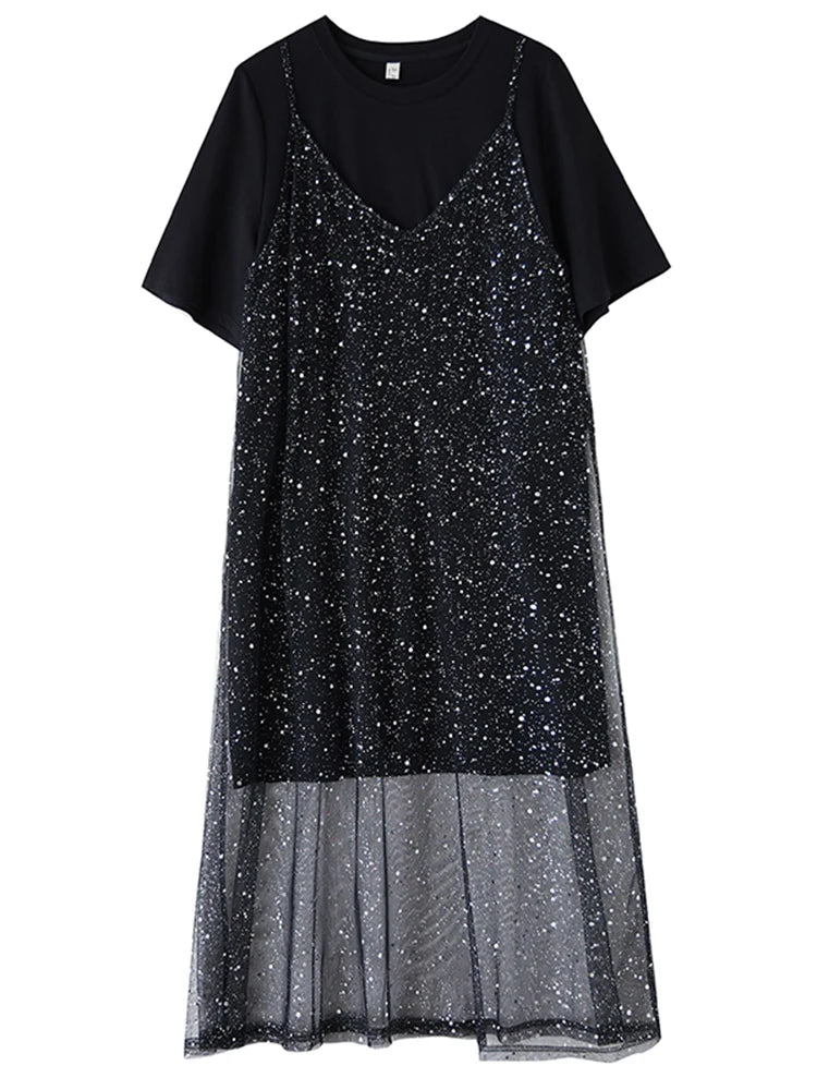 XITAO Mesh Sequin Short Sleeve Dress Casual Loose Fitting Two-piece New Arrival Solid Color A-line Summer Women Dress ZMY1194