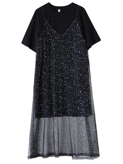 XITAO Mesh Sequin Short Sleeve Dress Casual Loose Fitting Two-piece New Arrival Solid Color A-line Summer Women Dress ZMY1194