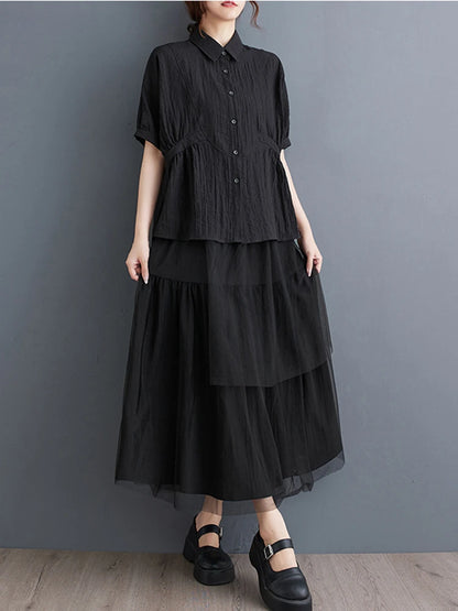 XITAO Patchwork Mesh Single Breasted Short Sleeve Lapel Matching Set Casual Solid Color A-line Elastic Waist Women Set GYX1576
