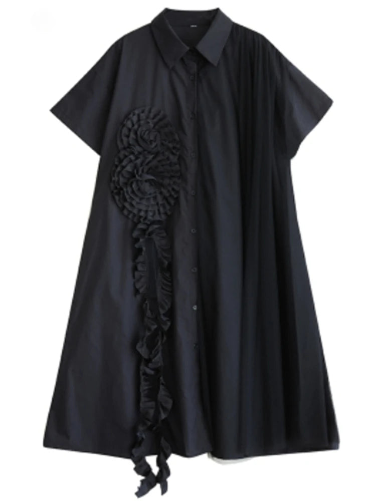 XITAO Three-dimensional Decoration Patchwork Women Dress Gauze Split Contrast Color Turn-down Collar Slimming Dress GYX1645
