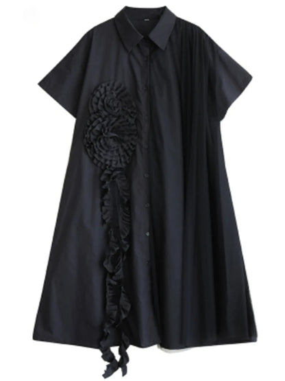 XITAO Three-dimensional Decoration Patchwork Women Dress Gauze Split Contrast Color Turn-down Collar Slimming Dress GYX1645