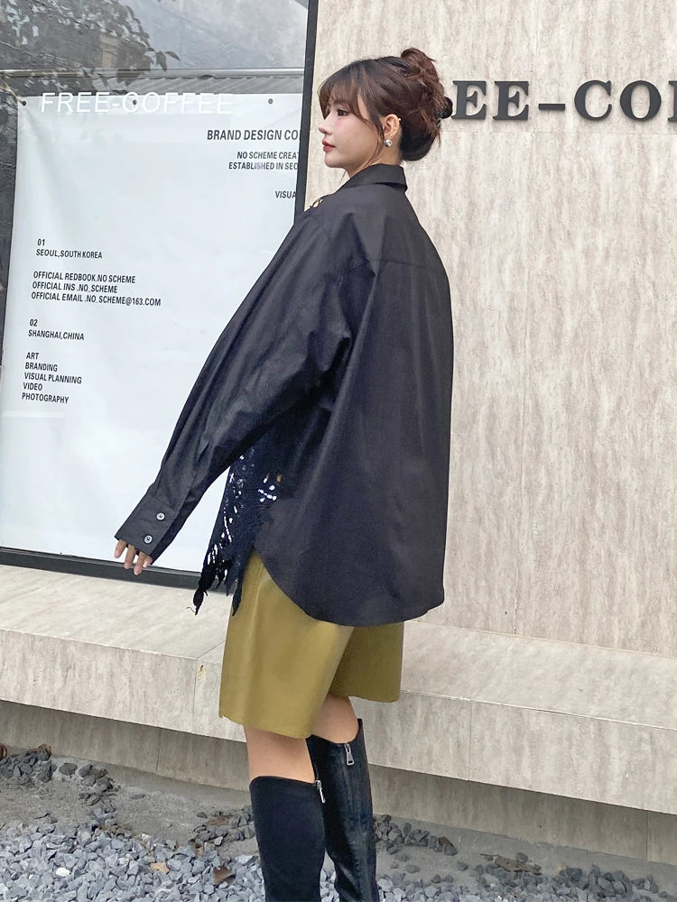 XITAO Hollow Out Patchwork Lace Lapel Women Shirt Casual Turn-down Collar Full Sleeve Fashion Spring Female Blouse GYX1614