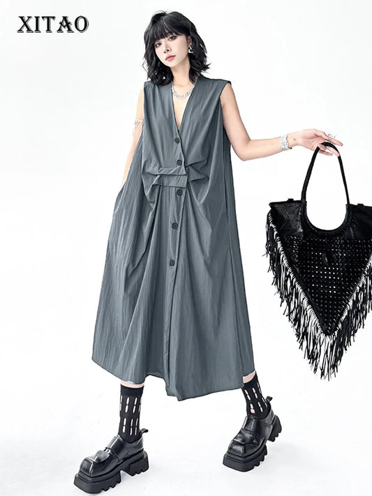 XITAO Women Sleeveless Vintage Dress V-neck Loose Casual Single Breasted Solid Color Slimming Summer Female Dress ZMY1393
