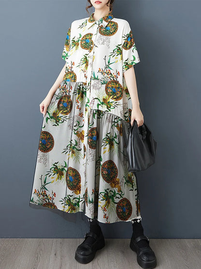 XITAO Gauze Patchwork Print Dress Turn-down Collar Loose Short Sleeve Casual Temperament Slimming Summer Woman  Dress ZMY1293