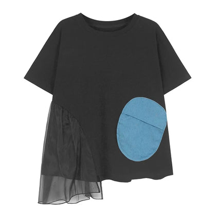 XITAO Irregular Patchwork Mesh Pocket T-shirt Casual O-neck Short Sleeve Personality Loose Fitting Summer Women T-shirt GYX1523