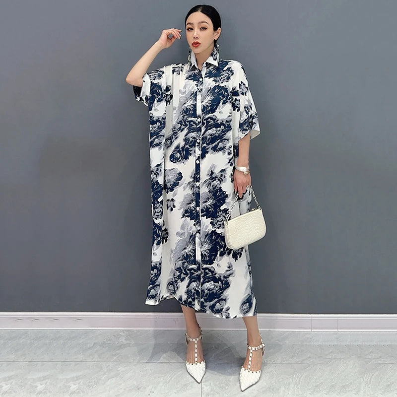 XITAO Loose Print Shirt Dress Fashion Contrast Color Women Summer New Casual Elegant Single Breasted Temperament Dress ZY8767