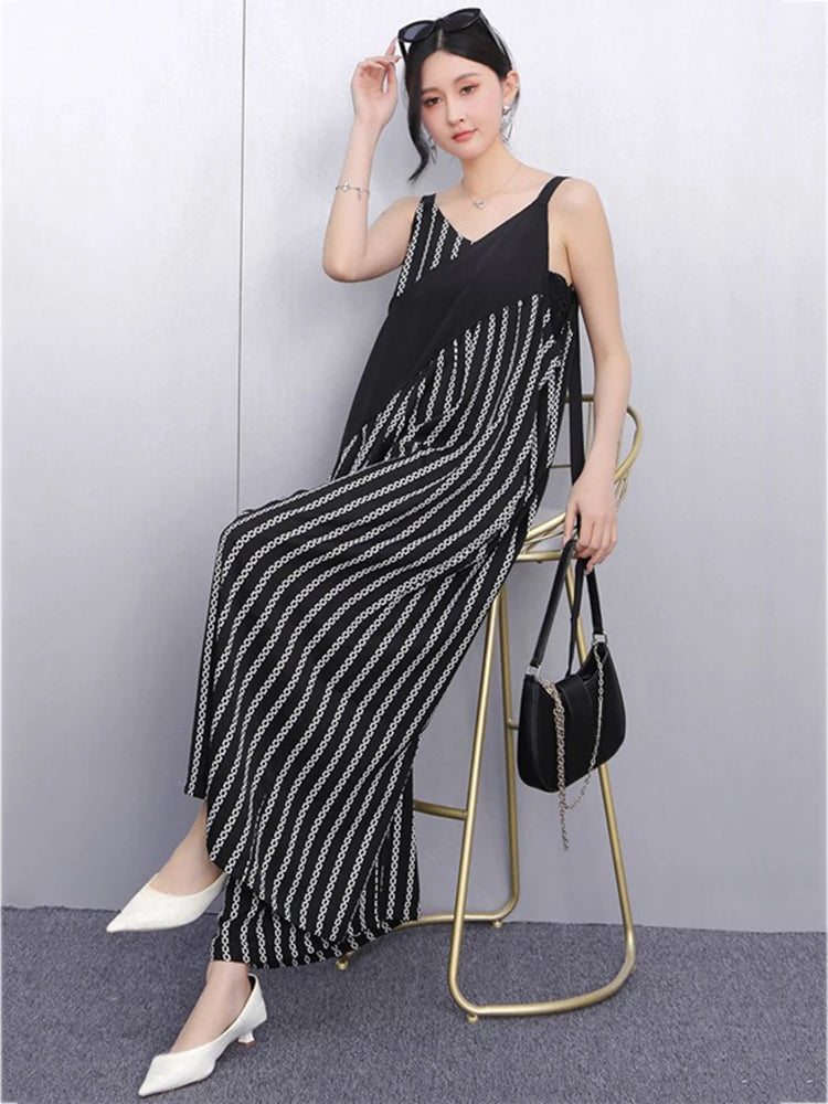 XITAO Patchwork Stripe Wide-leg Jumpsuit Casual Sleeveless New Rompers Loose Fitting Simple Spring Women Jumpsuit GYX1555