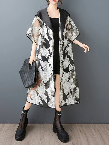 XITAO Print Patchwork Contrast Color Female Trench Hooded All-match Gauze Half Sleeve Summer Woman Cardigans Trench ZMY1257