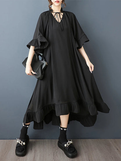 XITAO Drawstring Irregular Loose Dress V-neck Butterfly Sleeves Personality Slimming Solid Color Summer Woman Dress ZMY1387