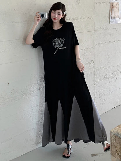 XITAO Flower Patchwork Print Dress Contrast Color Loose O-neck Short Sleeve Temperament Slimming Summer Woman Dress ZMY1299