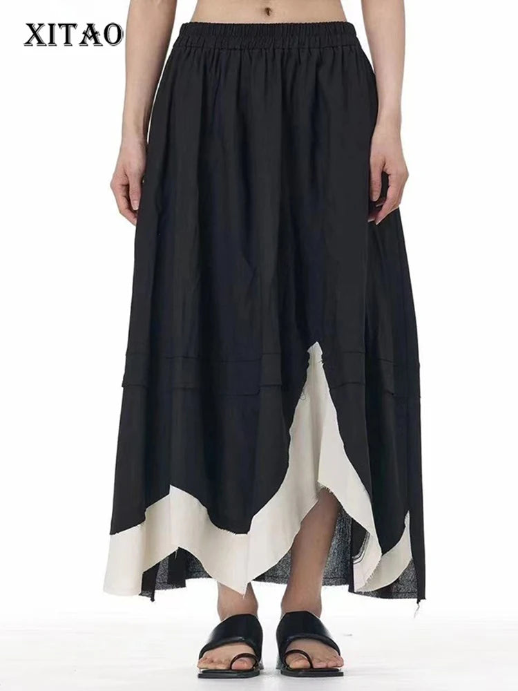 XITAO Contrast Color Patchwork Pocket Asymmetrical Skirt Elastic Waist Loose Slimming Casual A-line Mid-calf Skirt HQQ2447