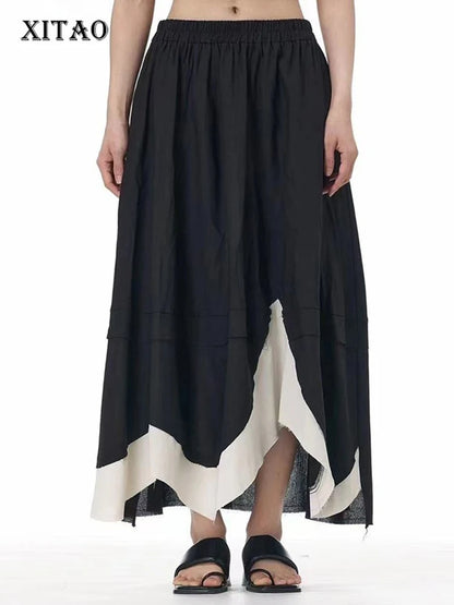 XITAO Contrast Color Patchwork Pocket Asymmetrical Skirt Elastic Waist Loose Slimming Casual A-line Mid-calf Skirt HQQ2447