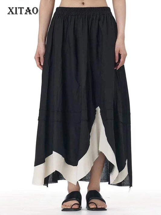 XITAO Contrast Color Patchwork Pocket Asymmetrical Skirt Elastic Waist Loose Slimming Casual A-line Mid-calf Skirt HQQ2447