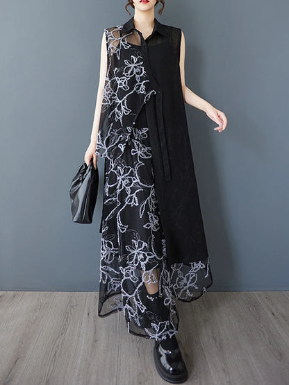 XITAO Embroidery Patchwork Irregular Sets Gauze Sleeveless Turn-down Collar Elastic Waist Temperament Elegant Woman Sets ZMY1267