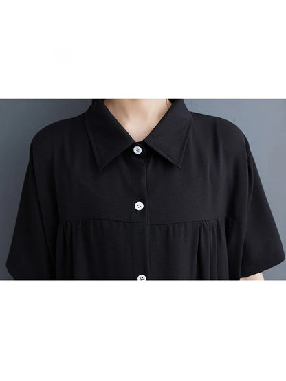 XITAO Contrast Color Patchwork Pocket Female Dress Pullover Turn-down Collar Short Sleeve Casual Loose Slimming Dress ZMY1059