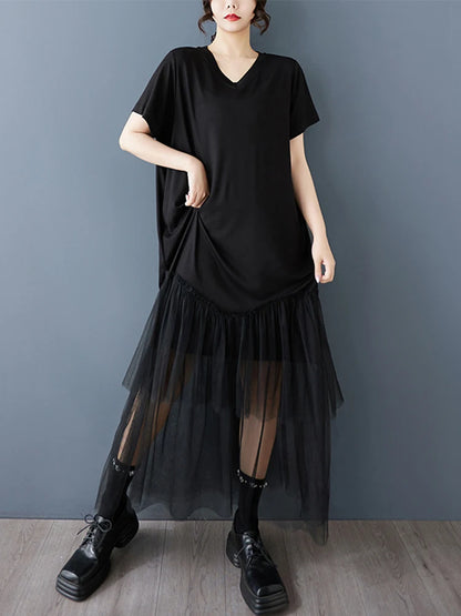 XITAO Patchwork Lace Mesh V-neck Dress A-line Short Sleeve Pleated Vintage Hong Kong Fashion Summer Women Dress HQQ2454