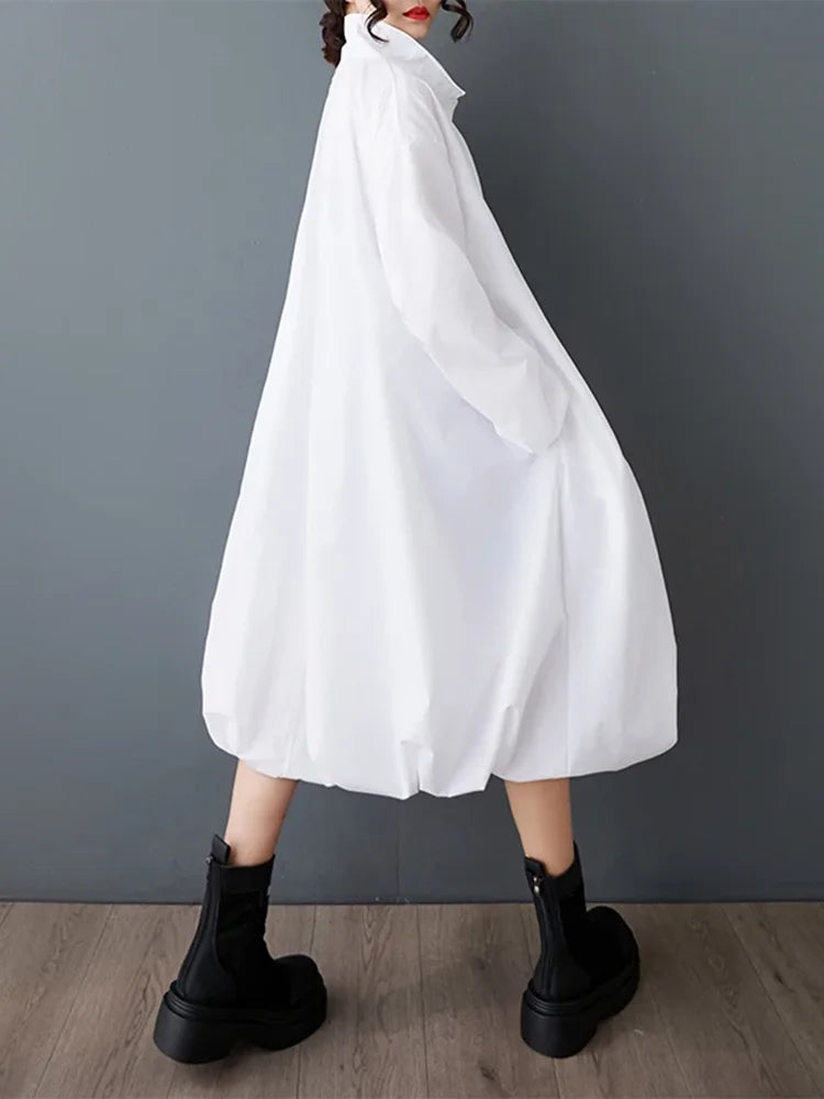XITAO Loose Vintage Zipper Dress Simple Solid Color Long Sleeve Women Personality Hem Casual Turn-down Collar Dress ZMY1056