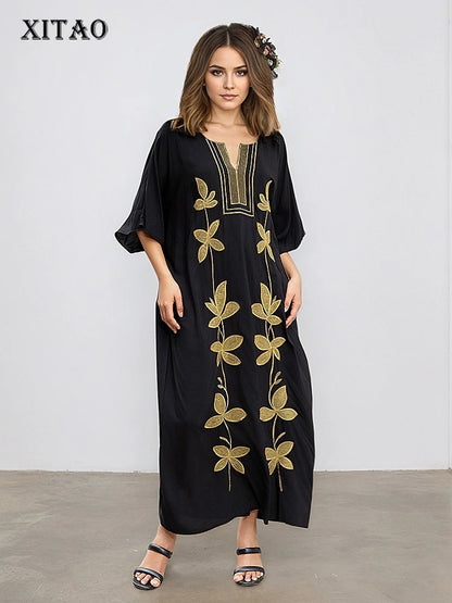 XITAO Embroidery Half Sleeve Loose Female Dress Pullover V-neck Contrast Color Casual Personality Slimming Woman Dress GJ1201