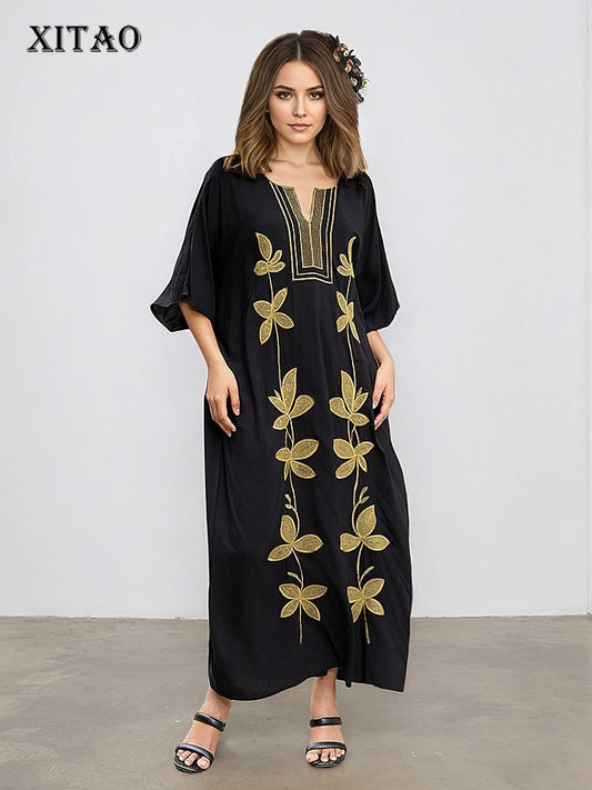 XITAO Embroidery Half Sleeve Loose Female Dress Pullover V-neck Contrast Color Casual Personality Slimming Woman Dress GJ1201