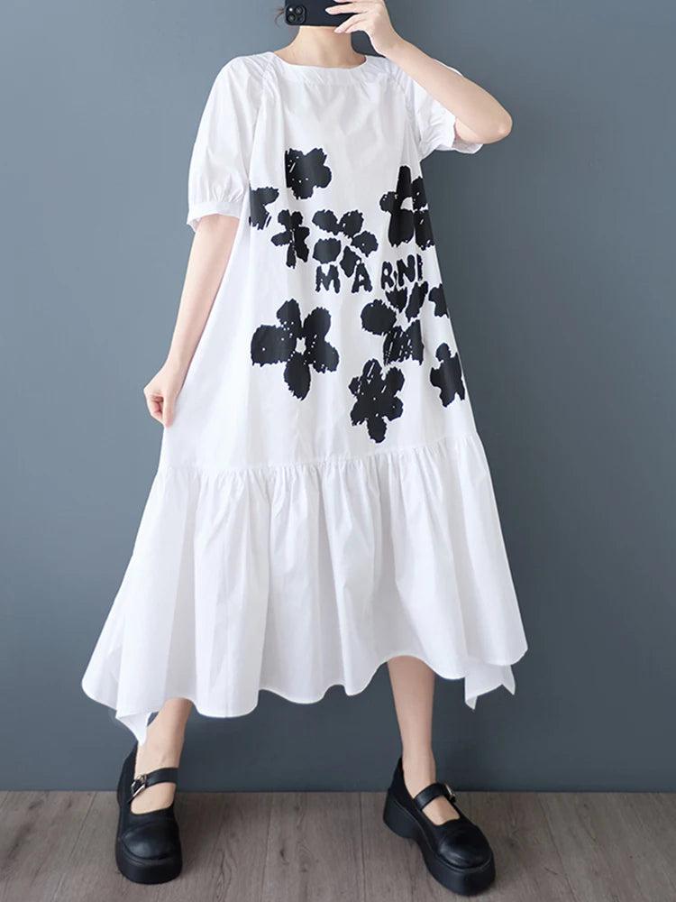 XITAO Patchwork Print Flower Ruffles Dress Casual Half Sleeve O-neck Leisure Sweet Simple Loose Fitting New Summer Dress ZY8940