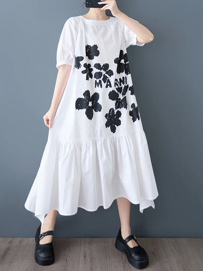 XITAO Patchwork Print Flower Ruffles Dress Casual Half Sleeve O-neck Leisure Sweet Simple Loose Fitting New Summer Dress ZY8940
