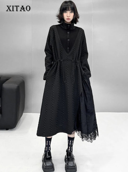 XITAO Loose Irregular Female Patchwork Dress Fashion Stand Collar Solid Color Slimming Women Casual Drawstring Dress GMM1315