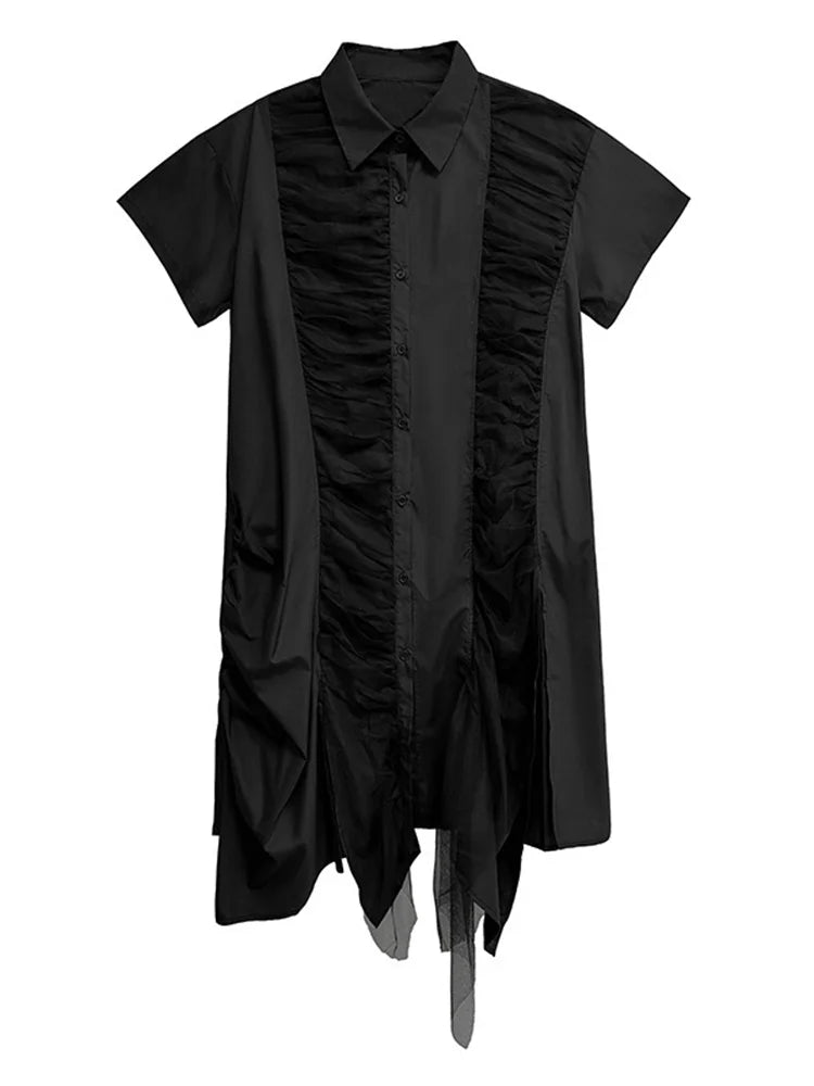 XITAO Pleated Single Breasted Turn-down Collar Dress Mesh Short Sleeve Asymmetrical Fashion A-line Summer Women Dress ZMY1201
