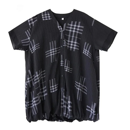 XITAO Striped Print Patchwork Contrast Color Loose Dress V-neck Short Sleeve Loose Vintage Knee-length Shirt Dress ZMY1172