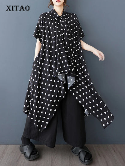 XITAO Asymmetric Single Breasted Short Sleeve Shirt Solid Color Dot Turn-down Collar Long Style Summer Women Blouse GYX1635