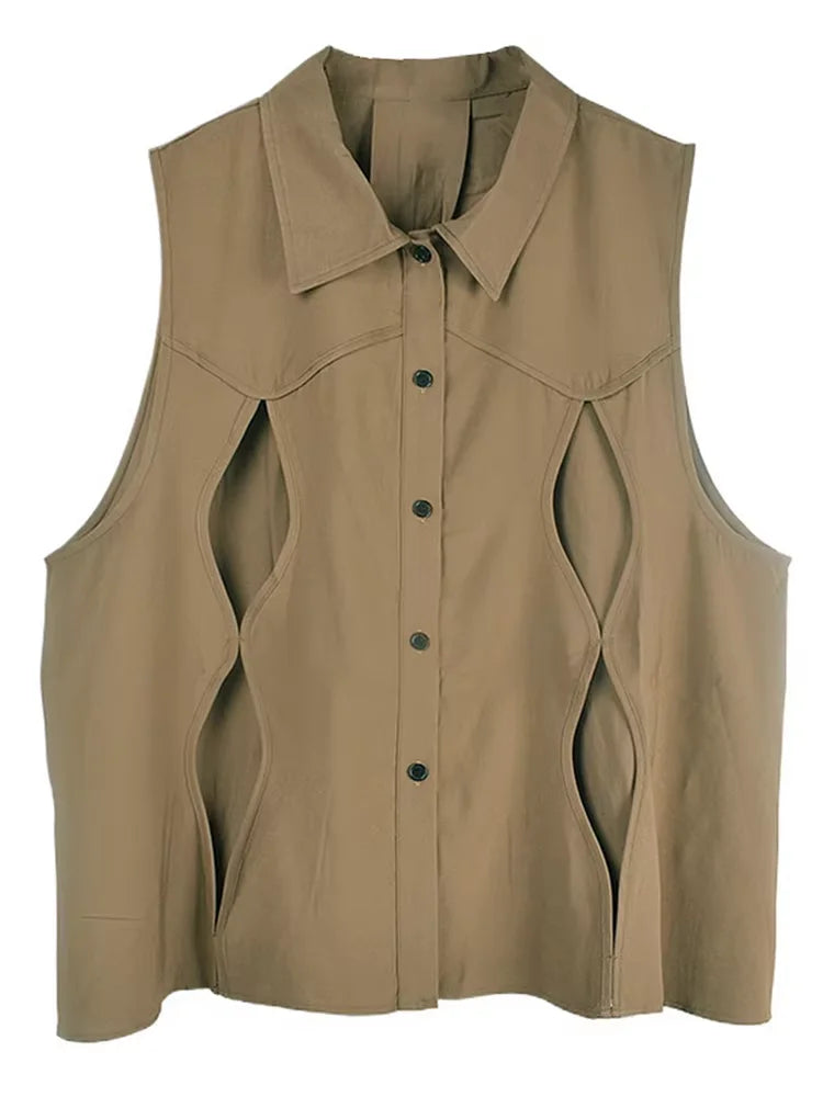 XITAO Hollow Out Lapel Single Breasted Vest Casual Solid Color Loose Fashion Sleeveless New Arrival Simple Female Vest GYX1620